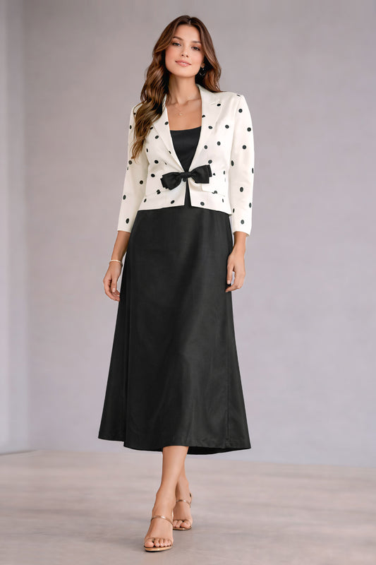 Black Midi Dress with Ivory Polka Dot Cropped Jacket & Bow Detail