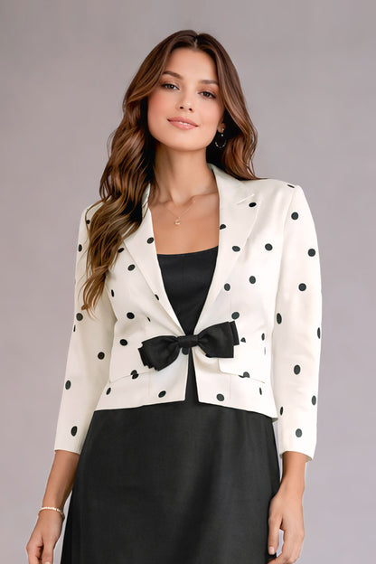 Black Midi Dress with Ivory Polka Dot Cropped Jacket & Bow Detail