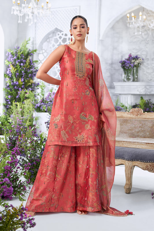 Berry Pink Embroidered Sleeveless Sharara Set with Dupatta