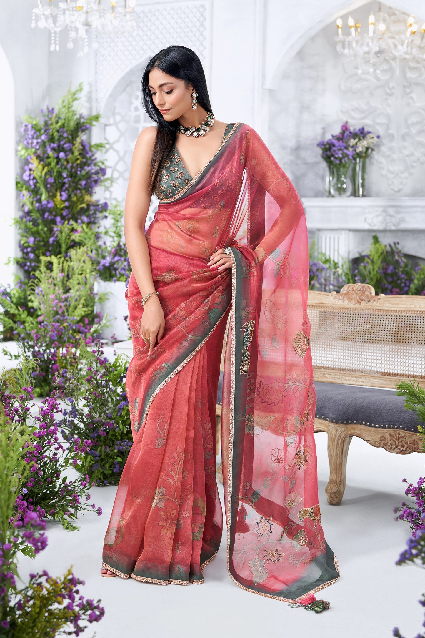 Rose Pink Floral Printed Saree with Contrast Green hand Embroidered Blouse