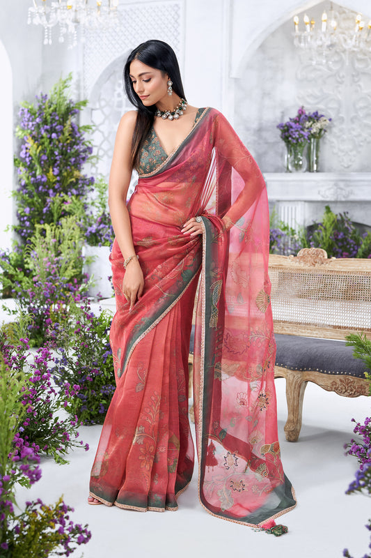 Rose Pink Floral Printed Saree with Contrast Green hand Embroidered Blouse