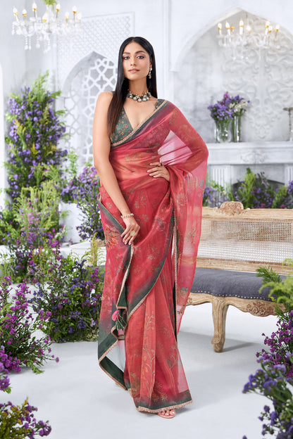 Rose Pink Floral Printed Saree with Contrast Green hand Embroidered Blouse