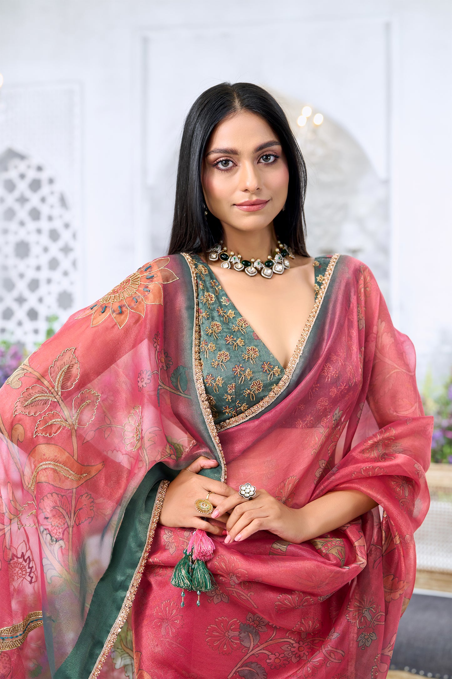 Rose Pink Floral Printed Saree with Contrast Green hand Embroidered Blouse