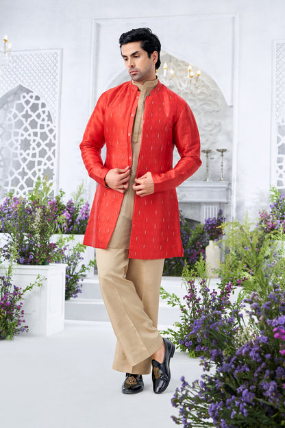 Embroidered Red Men's Open-Front Sherwani with Beige  Kurta and Trousers
