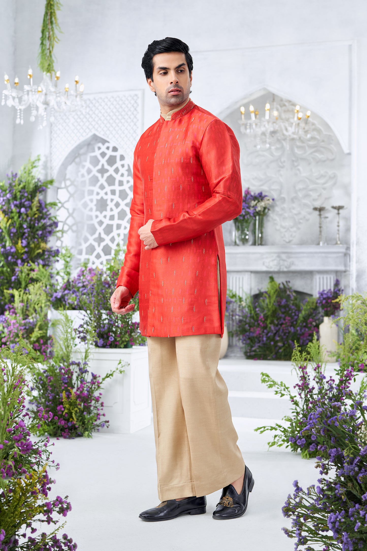 Embroidered Red Men's Open-Front Sherwani with Beige  Kurta and Trousers