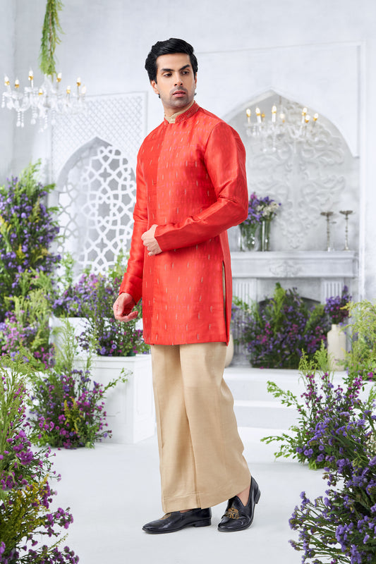Embroidered Red Men's Open-Front Sherwani with Beige  Kurta and Trousers