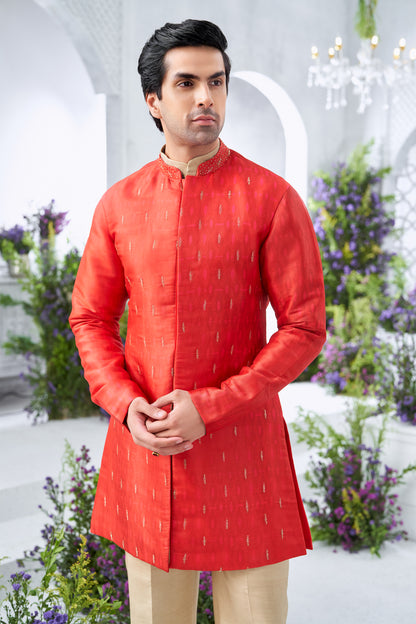 Embroidered Red Men's Open-Front Sherwani with Beige  Kurta and Trousers