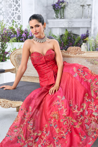 Embellished Rani Pink Sweetheart Corset Top with Embroidered Lehenga Skirt