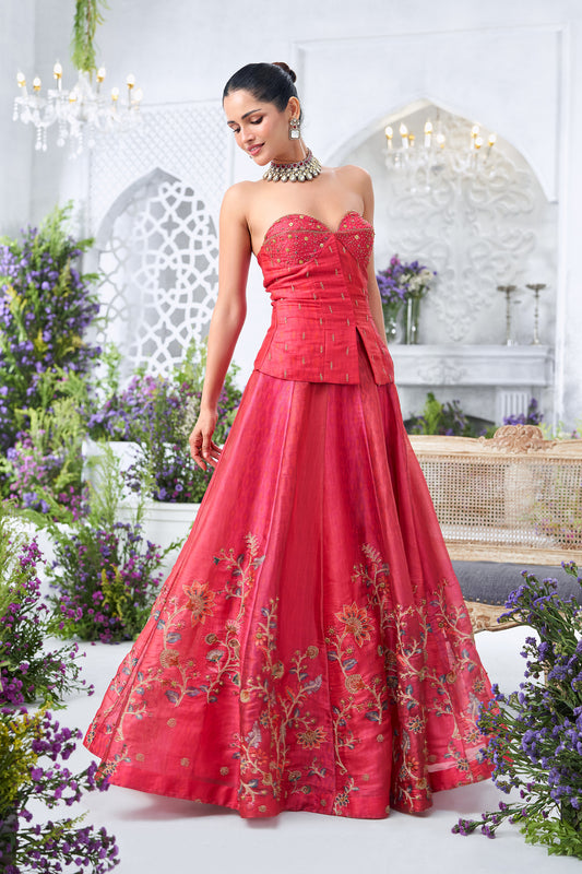 Embellished Rani Pink Sweetheart Corset Top with Embroidered Lehenga Skirt