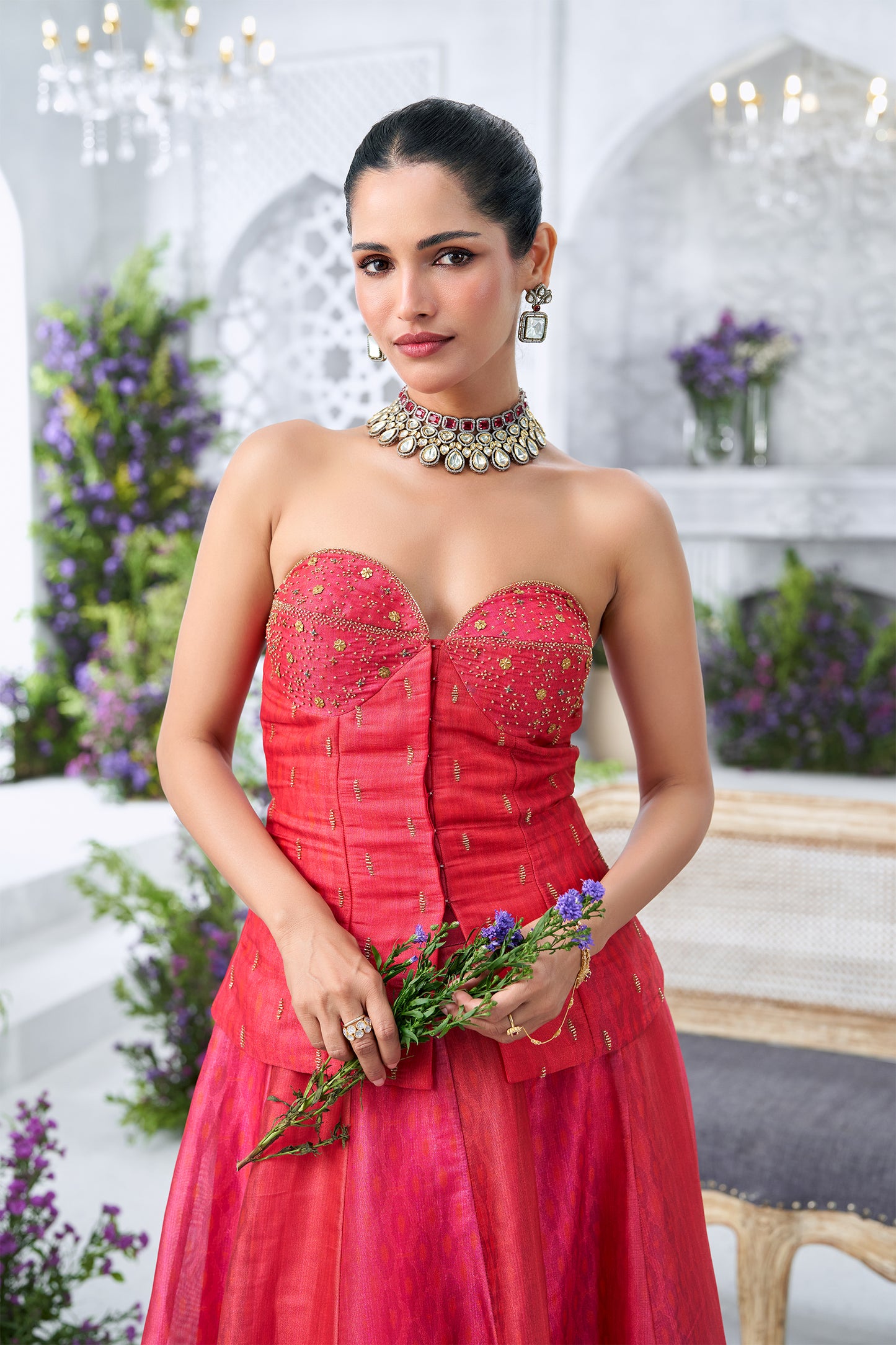 Embellished Rani Pink Sweetheart Corset Top with Embroidered Lehenga Skirt
