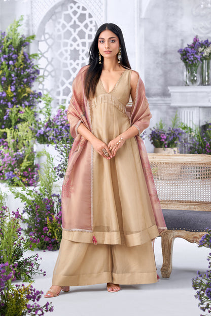 Embellished Gold Anarkali Kurta with Flared Palazzos and Floral Print Dupatta