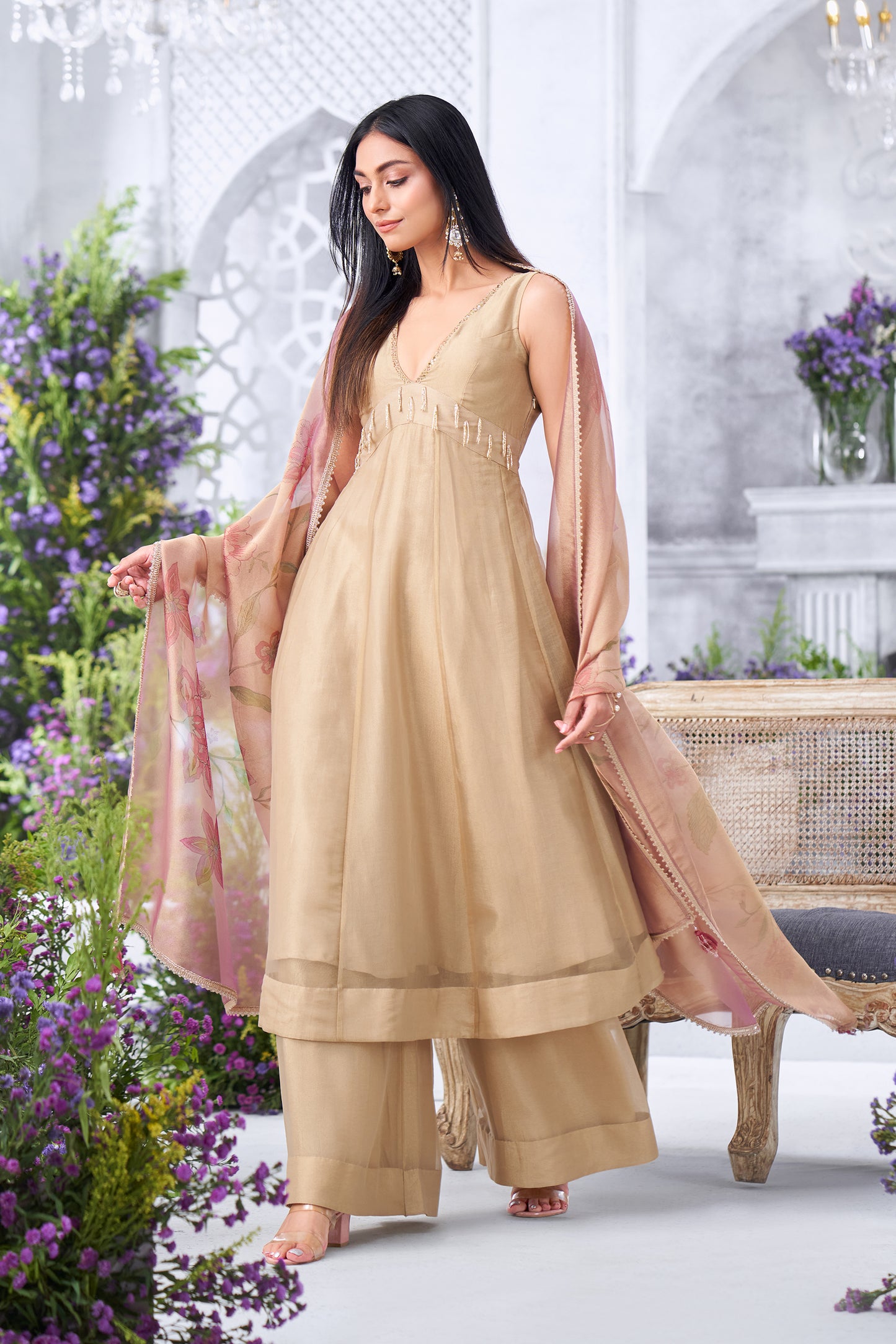 Embellished Gold Anarkali Kurta with Flared Palazzos and Floral Print Dupatta