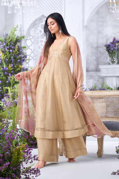 Embellished Gold Anarkali Kurta with Flared Palazzos and Floral Print Dupatta