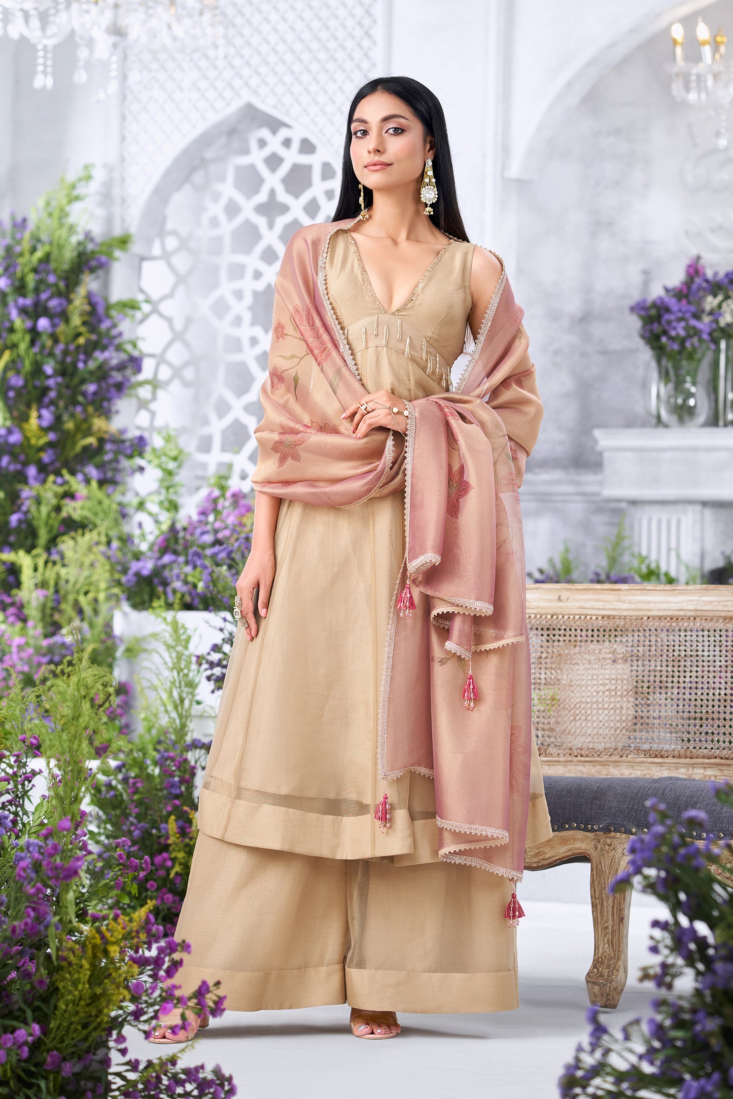 Embellished Gold Anarkali Kurta with Flared Palazzos and Floral Print Dupatta