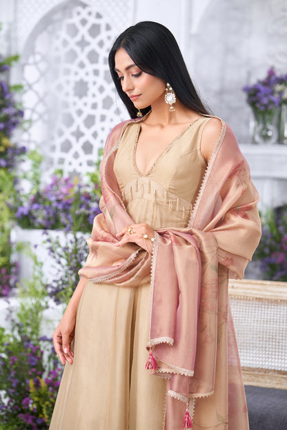 Embellished Gold Anarkali Kurta with Flared Palazzos and Floral Print Dupatta