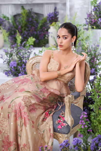 Rose Gold Peplum Embellished Blouse with Floral Printed Lehenga Skirt