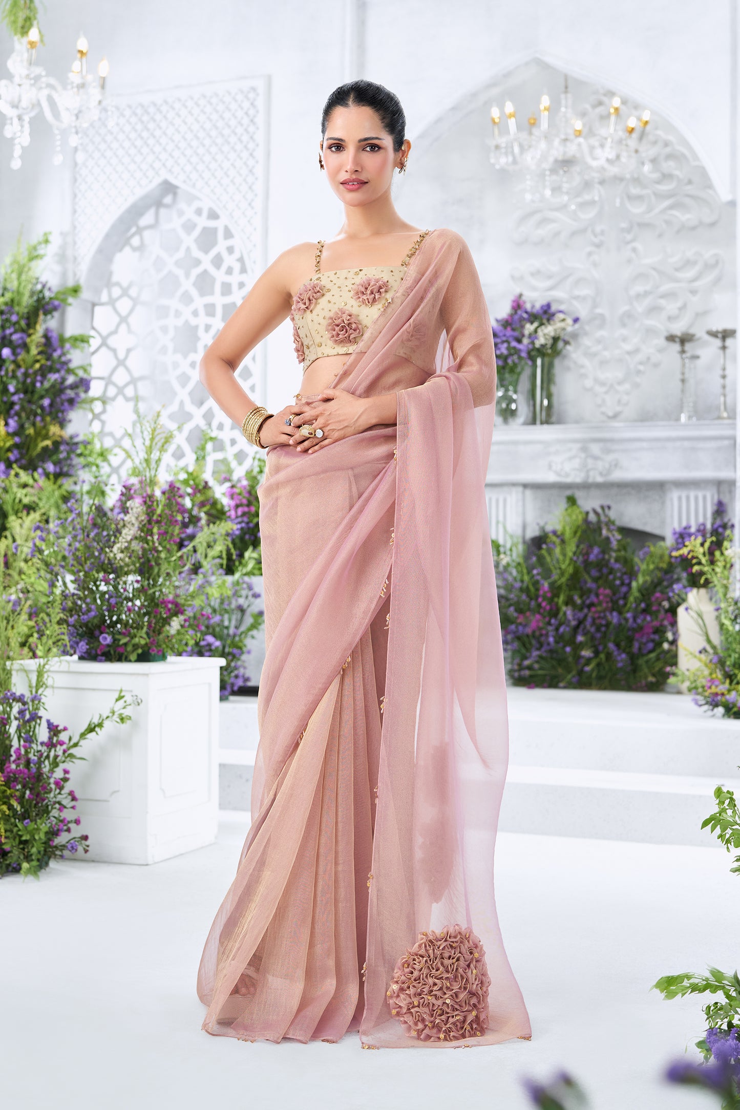 Shimmering Mauve Saree with 3D Floral Appliqué Blouse