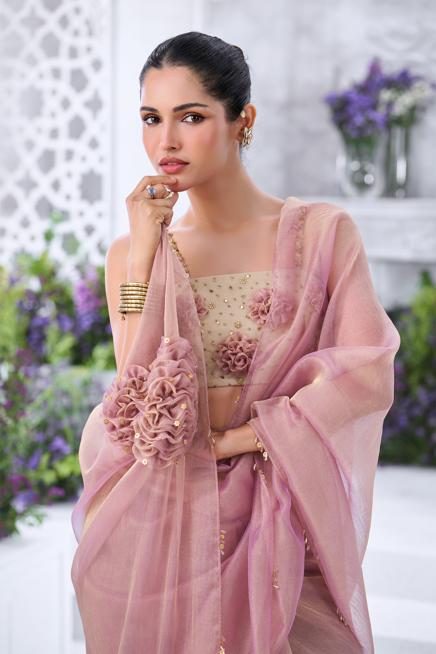 Shimmering Mauve Saree with 3D Floral Appliqué Blouse