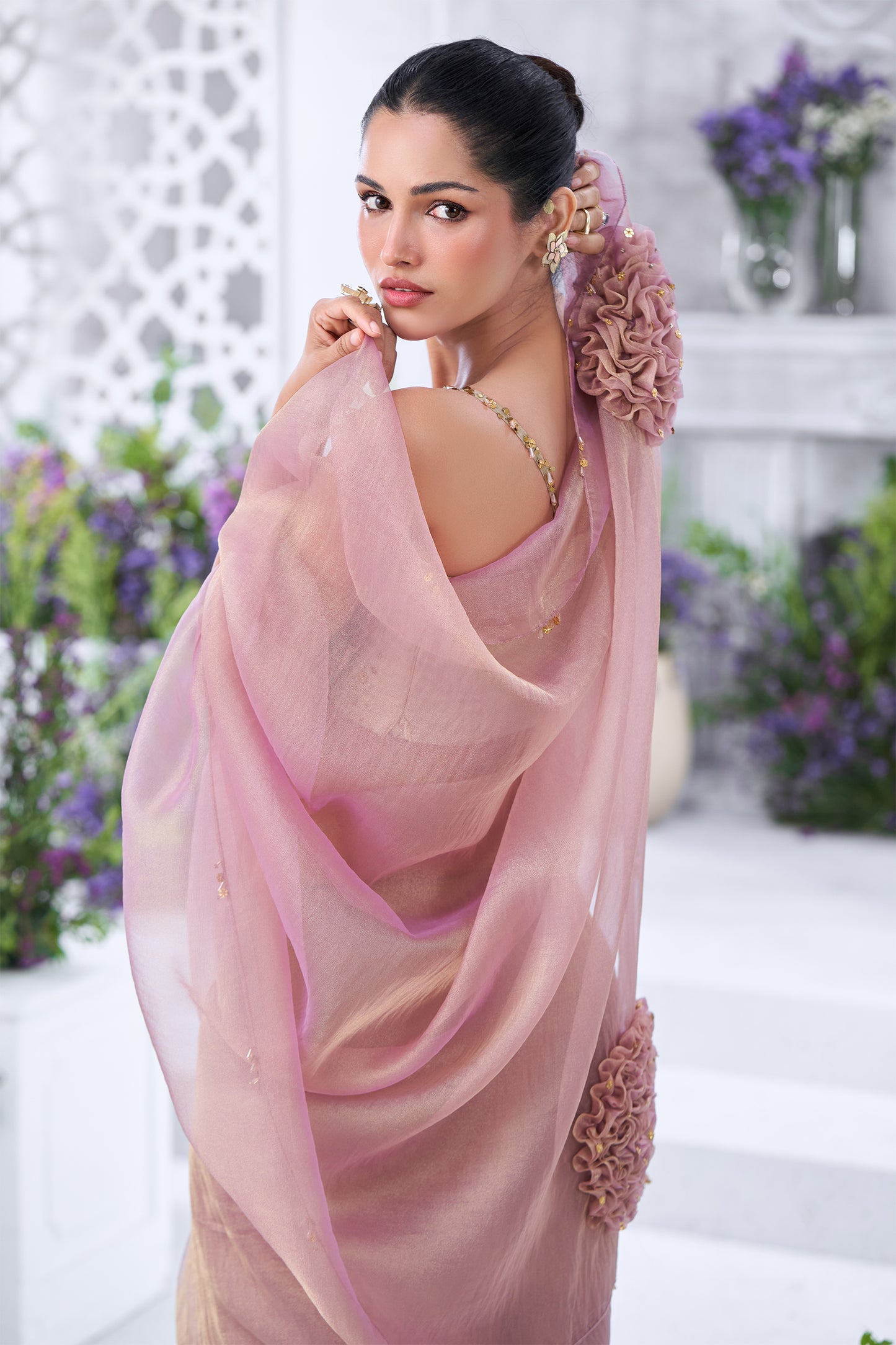 Shimmering Mauve Saree with 3D Floral Appliqué Blouse