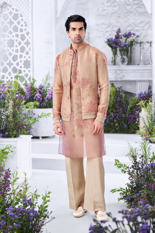 Floral Printed Peach Men's Kurta with Bomber Jacket and Straight Trousers