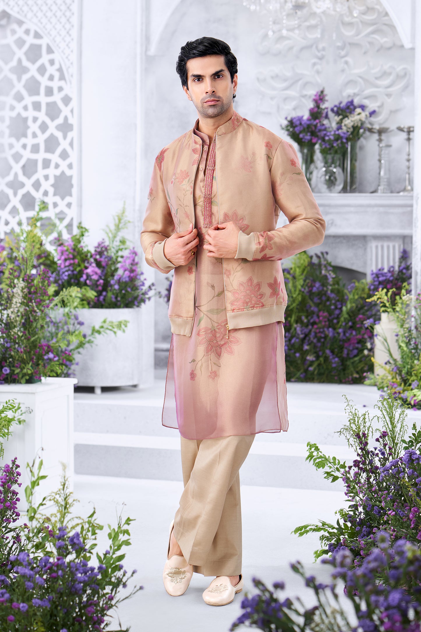 Floral Printed Peach Men's Kurta with Bomber Jacket and Straight Trousers