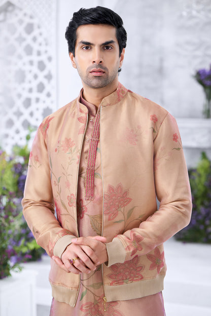 Floral Printed Peach Men's Kurta with Bomber Jacket and Straight Trousers