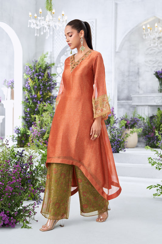 Rust Orange Embellished High-Low Tunic with Printed Green Palazzos