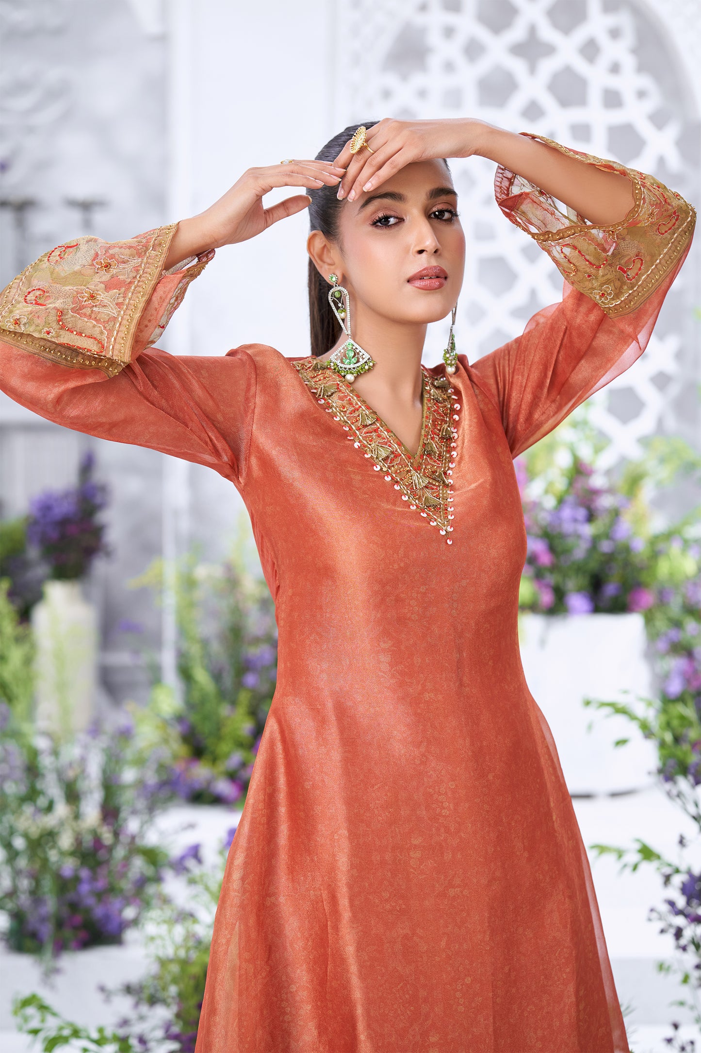 Rust Orange Embellished High-Low Tunic with Printed Green Palazzos