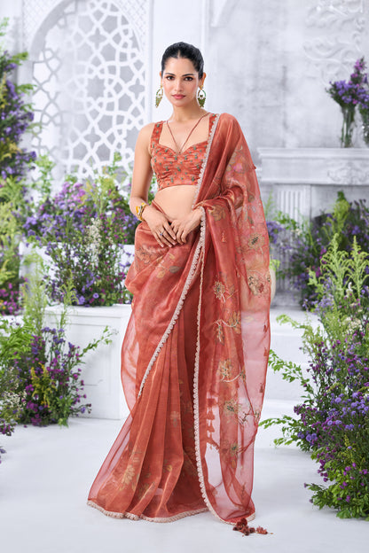 Printed Floral Rust Organza Saree with Embellished Blouse