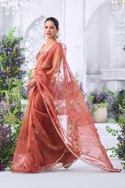 Printed Floral Rust Organza Saree with Embellished Blouse