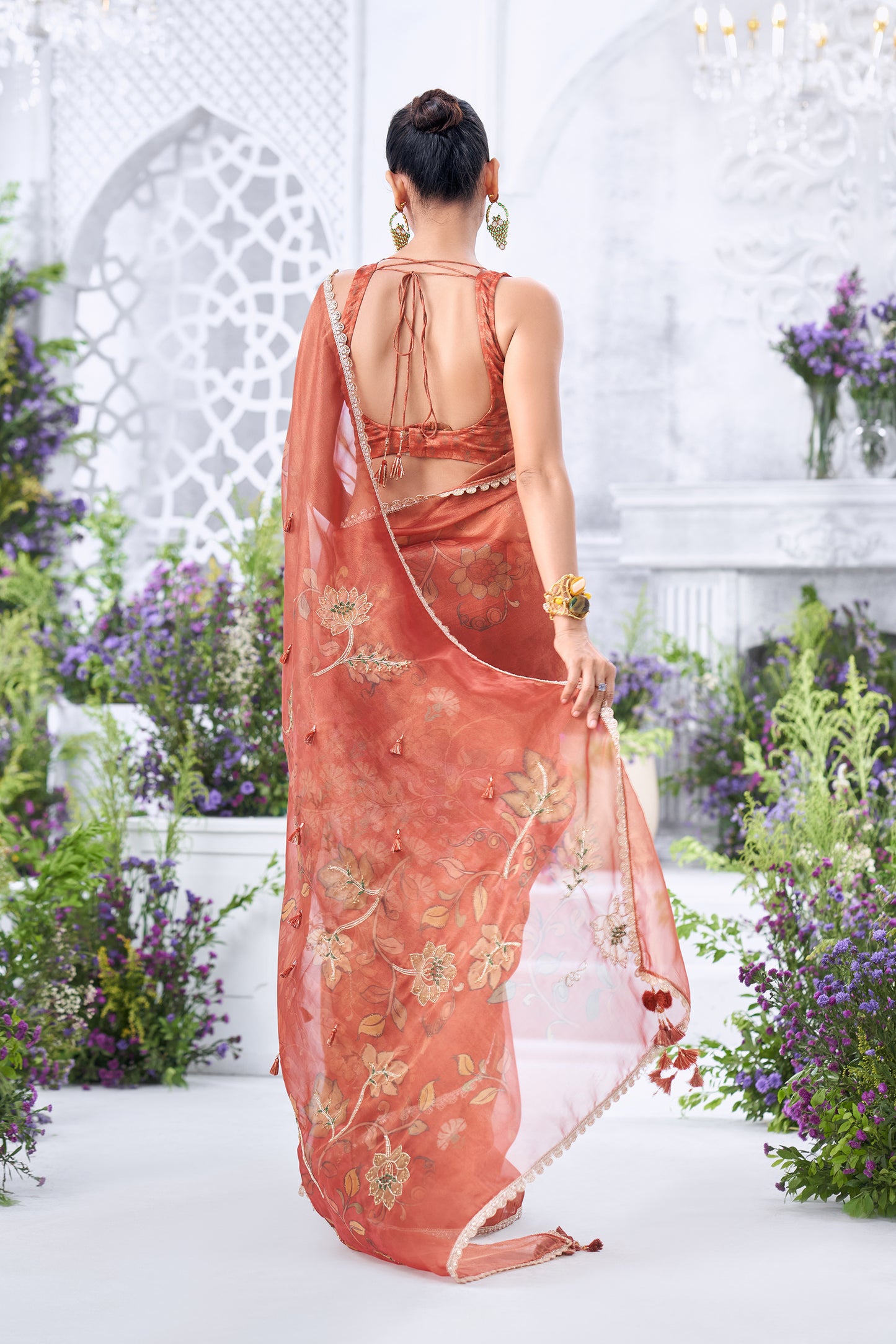 Printed Floral Rust Organza Saree with Embellished Blouse