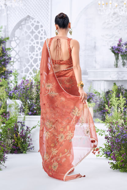 Printed Floral Rust Organza Saree with Embellished Blouse