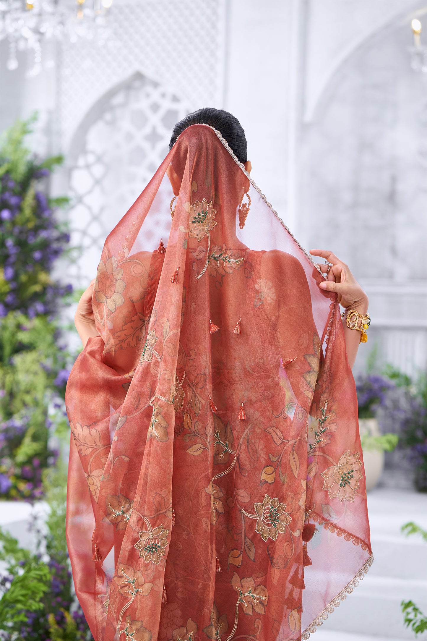 Printed Floral Rust Organza Saree with Embellished Blouse