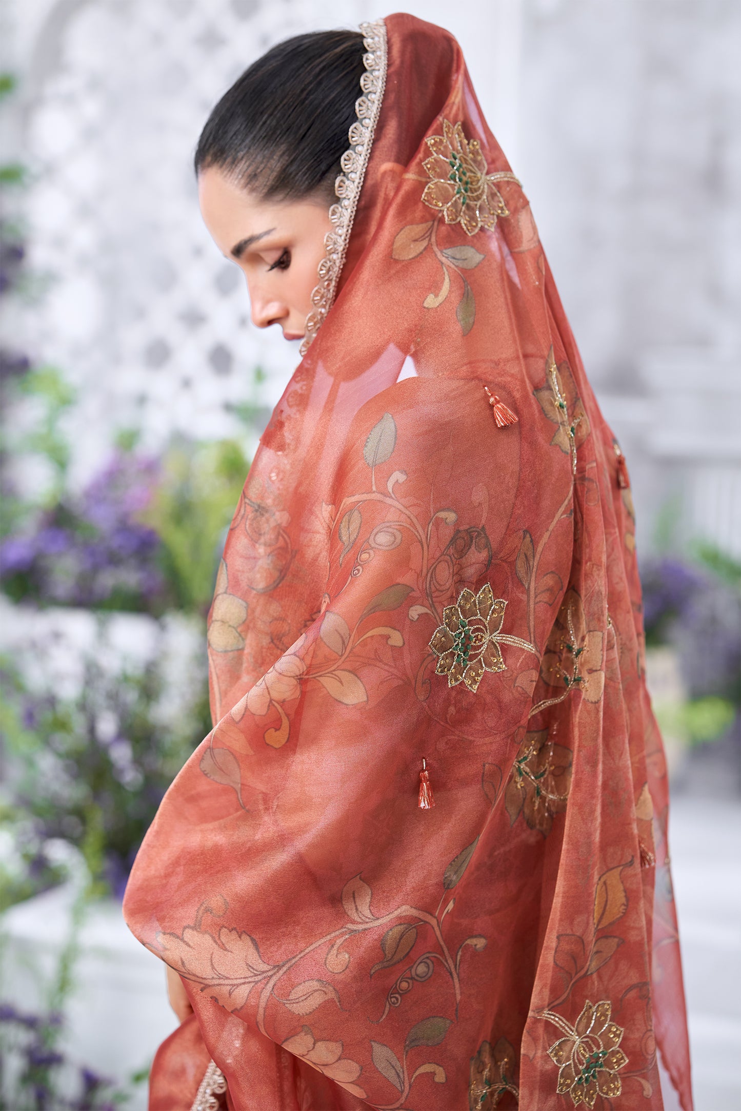 Printed Floral Rust Organza Saree with Embellished Blouse