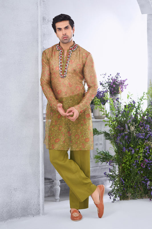 Floral Printed Mehendi Green Men's Sheer Kurta with Embellished Farshi Pant Set