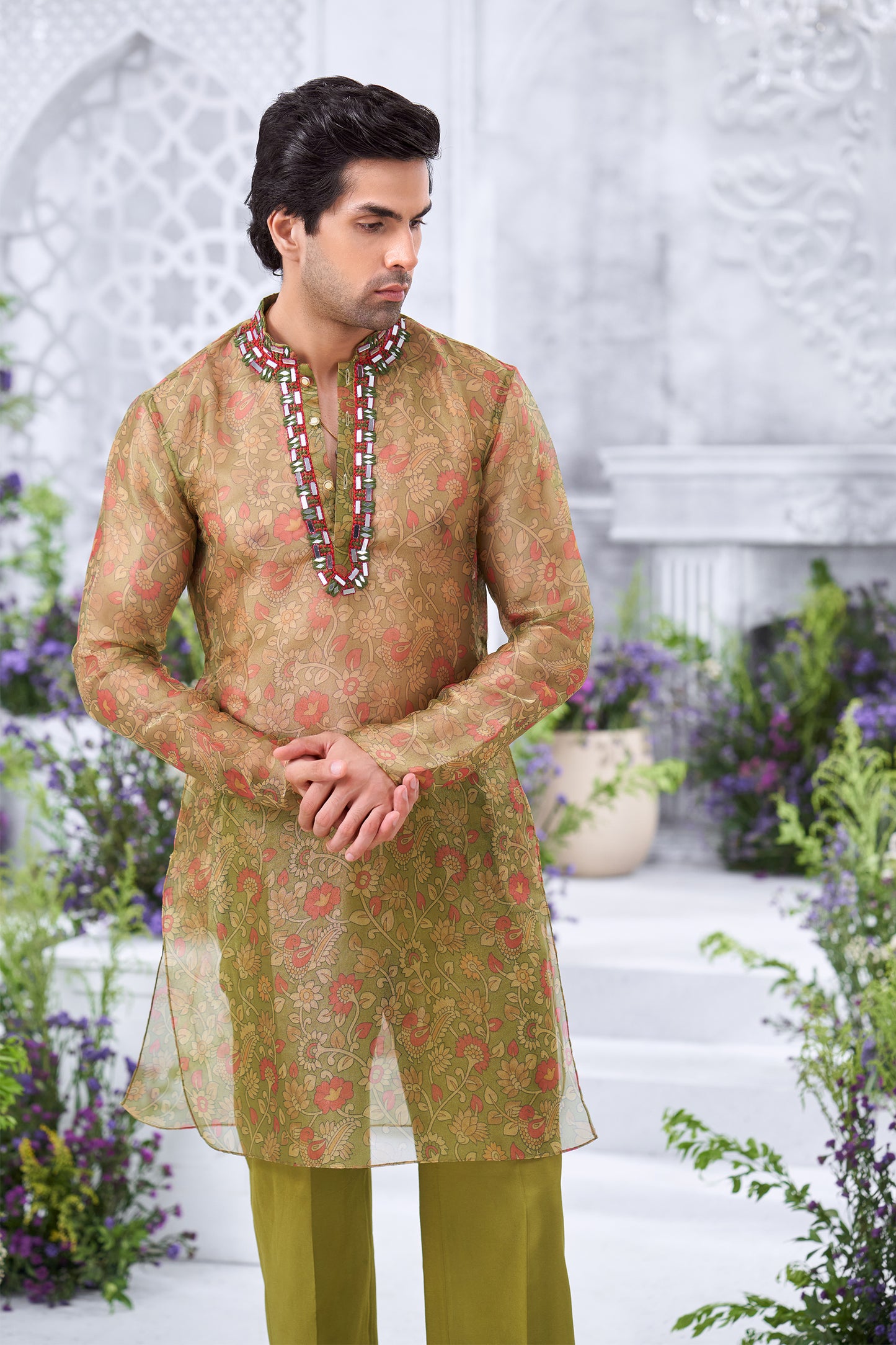 Floral Printed Mehendi Green Men's Sheer Kurta with Embellished Farshi Pant Set