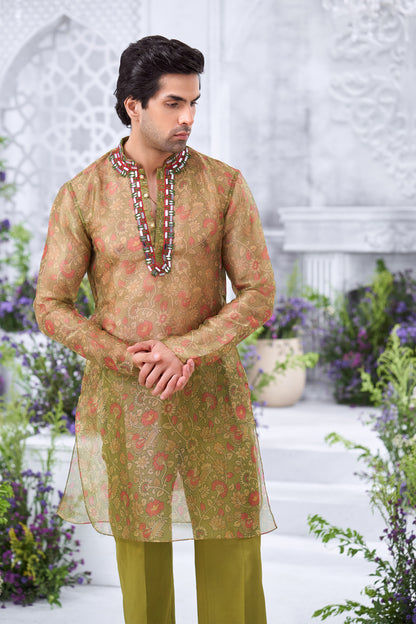 Floral Printed Mehendi Green Men's Sheer Kurta with Embellished Farshi Pant Set