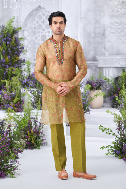 Floral Printed Mehendi Green Men's Sheer Kurta with Embellished Farshi Pant Set