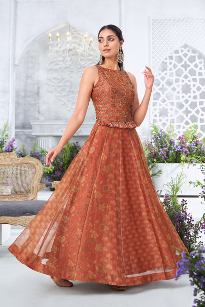 Rust Orange Embroidered Sleeveless Peplum Top with Floral Printed Kalidar Skirt