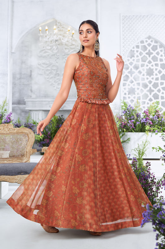 Rust Orange Embroidered Sleeveless Peplum Top with Floral Printed Kalidar Skirt