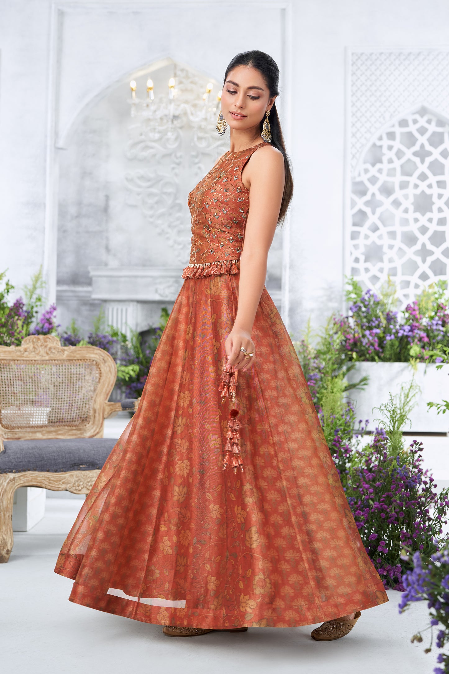 Rust Orange Embroidered Sleeveless Peplum Top with Floral Printed Kalidar Skirt
