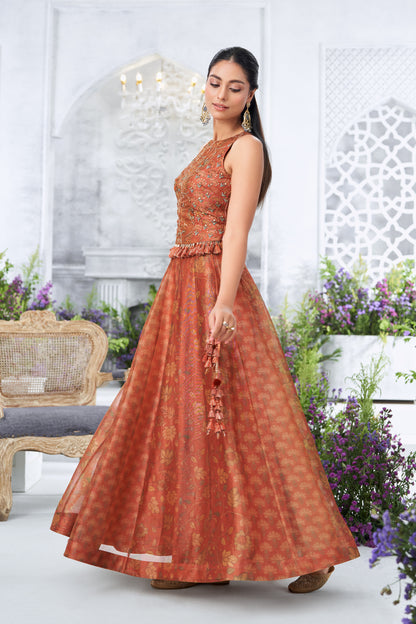 Rust Orange Embroidered Sleeveless Peplum Top with Floral Printed Kalidar Skirt