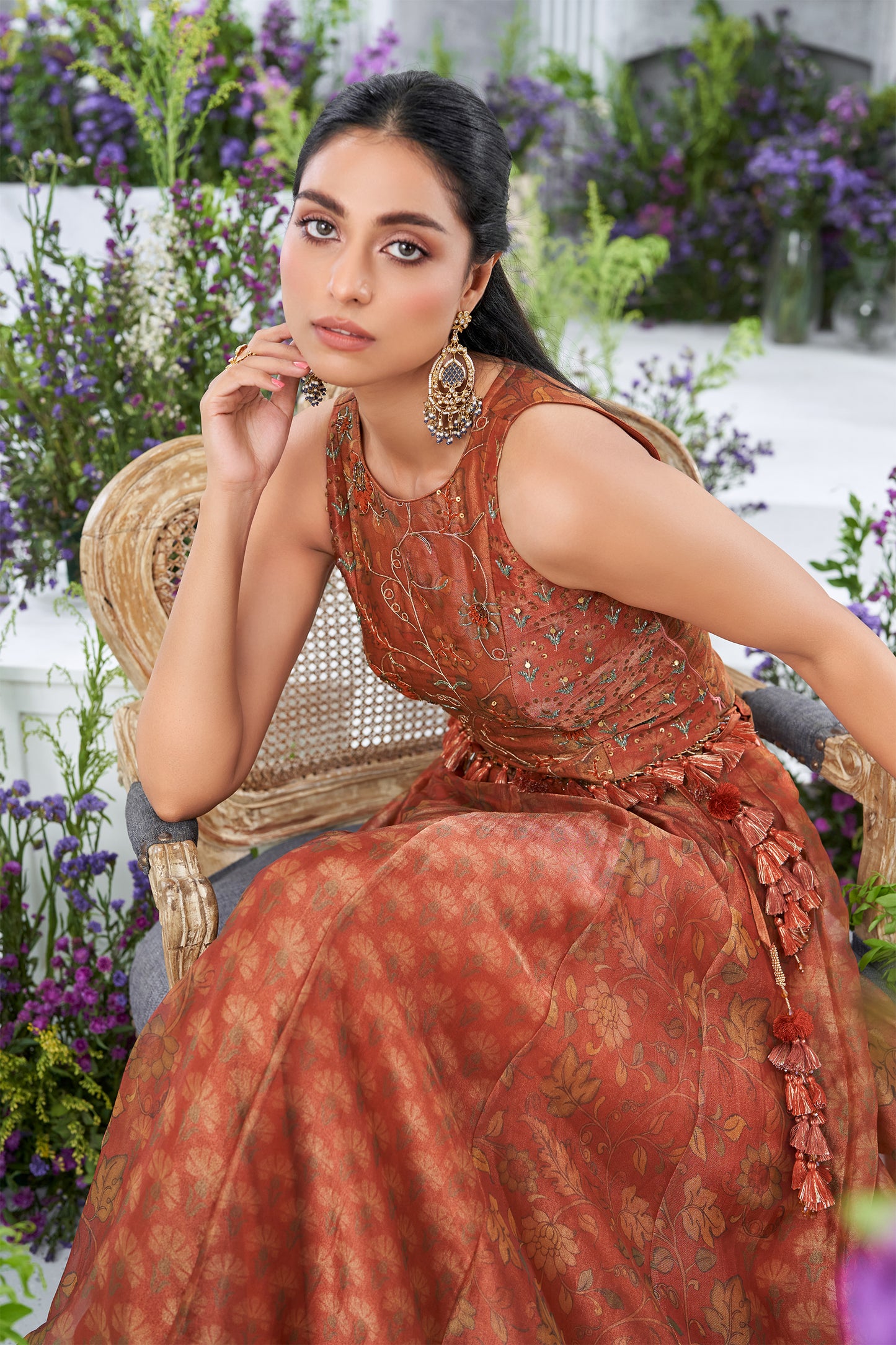 Rust Orange Embroidered Sleeveless Peplum Top with Floral Printed Kalidar Skirt