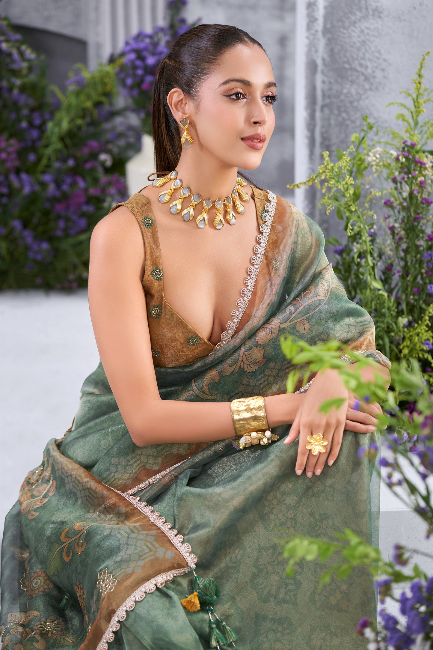Floral Printed Sea Green tasseled embellished Saree