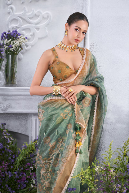 Floral Printed Sea Green tasseled embellished Saree