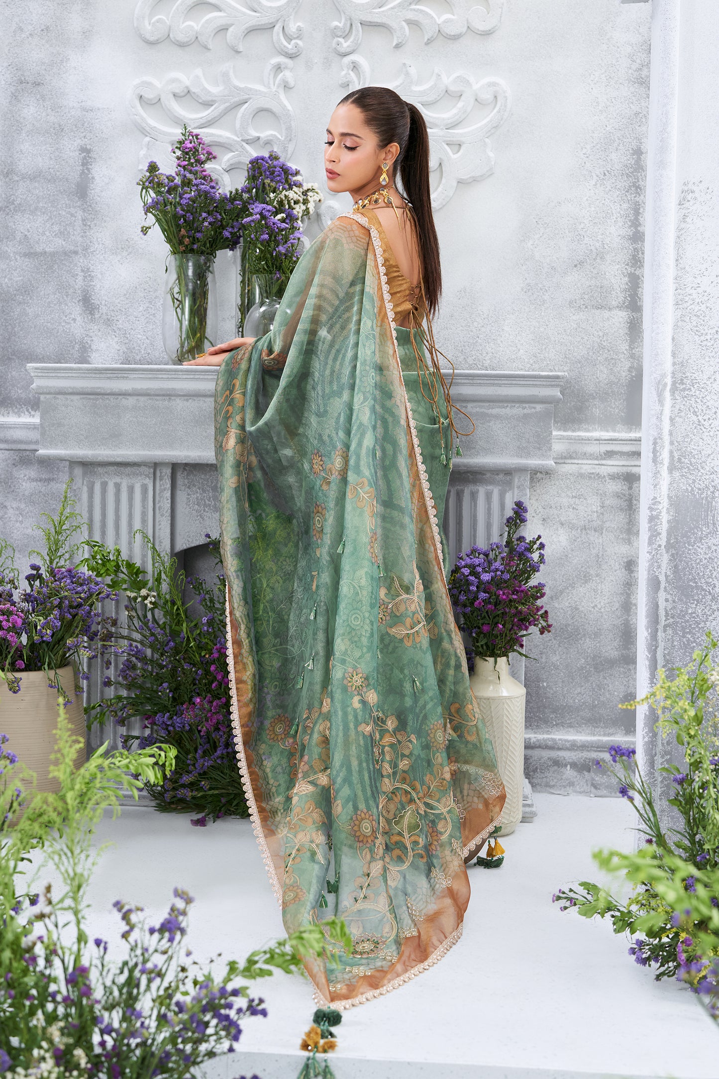 Floral Printed Sea Green tasseled embellished Saree