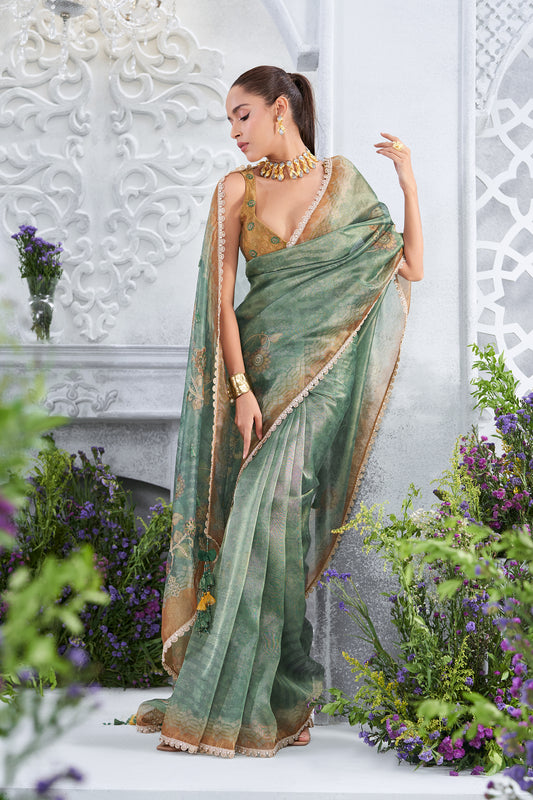 Floral Printed Sea Green tasseled embellished Saree