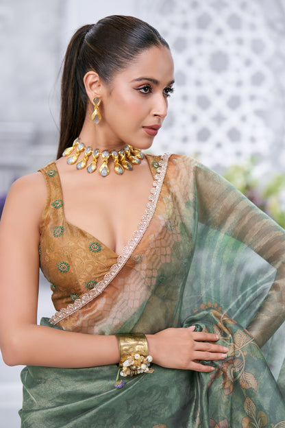 Floral Printed Sea Green tasseled embellished Saree