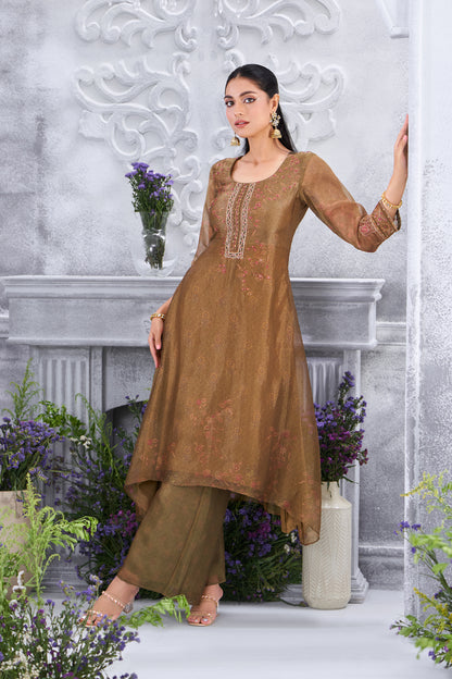 Olive Gold Embroidered High-Low Kurta with Straight Pants