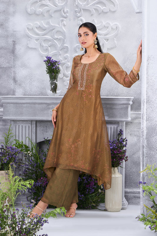 Olive Gold Embroidered High-Low Kurta with Straight Pants